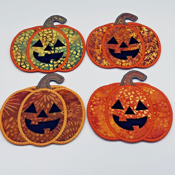 Fall Autumn Coasters Pumpkin Embroidered Set 4 Handmade Halloween Fabric Quilted - Picture 1 of 10
